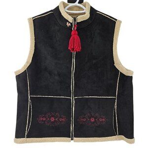 Tasha Polizzi Faux Suede Fleece Lined Vest Black Women's L Embroidered Full Zip